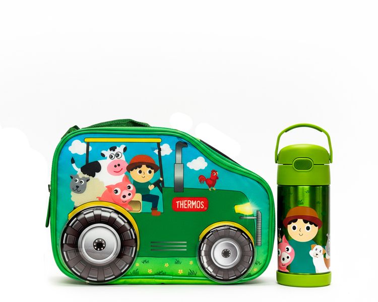 Incluye:


	THERMOS® Lonchera térmica Tractor.
	THERMOS® 355ml Funtainer de acero para líquidos Tractor.

