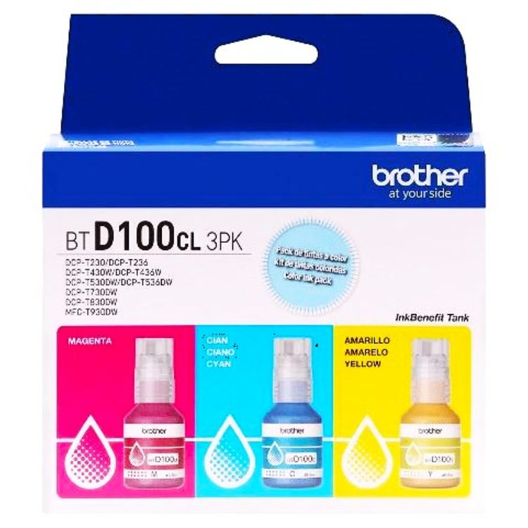  Pak de 3 tintas a color Magenta, Cian y Amarillo de ultra alto rendimiento BTD100CL de la serie InkBenefit Tank de Brother. Proporciona colores intensos y nítidos para una impresión de calidad profesional. La innovadora botella de tinta antiderrames reabastece el tanque en segundos. Imprime hasta 7.500 páginas.


	El pack de tintas originales de Brother se utilizan con las impresoras multifuncionales de inyección de tinta MFC-T930DW, DCP-T830DW, DCP-T730DW, DCP-T530DW, DCP-T430W y DCP-T230 de Brother.
	Tambien con las impresoras Brother DCP-T230, DCP-T430W, DCP-T530DW, DCP-T536DW, DCP-T730DW y MFC-T930DW TINTA BROTHER BTD100BK BLACK P/ T230D/ T430DW/ T530DW/ T730DW/ T830DW/ T930DW.


 

incluye 3 recargas de tinta de color (BTD100C, BTD100M y BTD100Y) .

 
