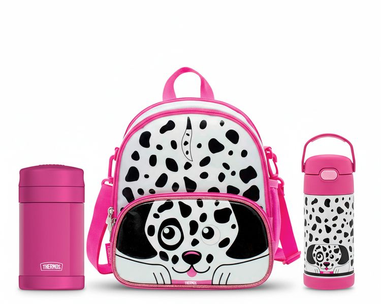 Incluye:


	THERMOS® Lonchera térmica Dálmata.
	THERMOS® 470ml Food Magenta.
	THERMOS® 355ml Funtainer de acero para líquidos Dálmata.


