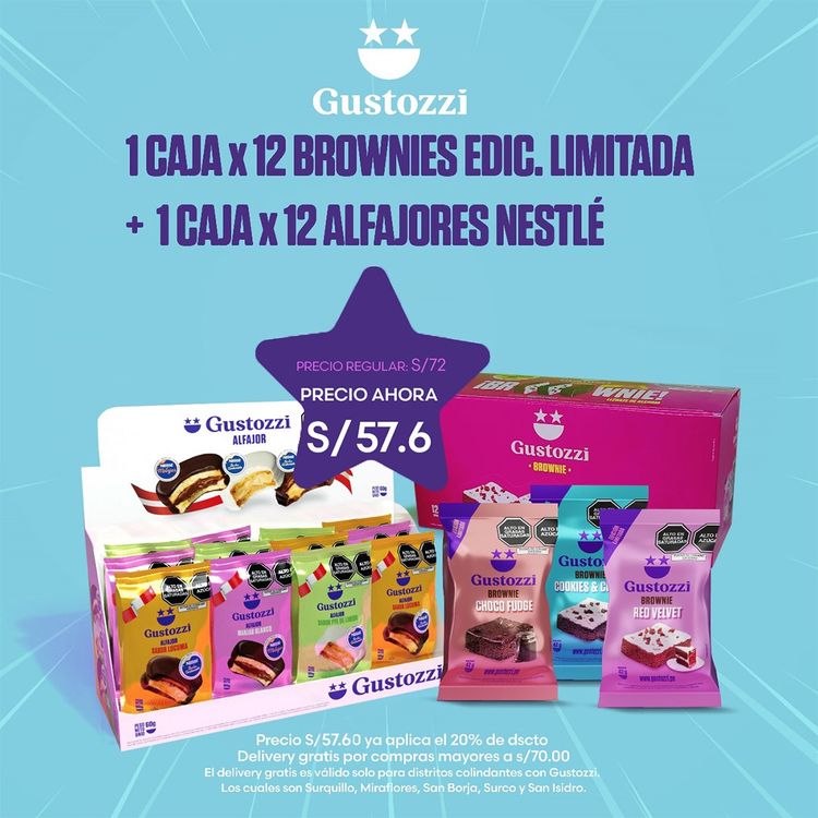 Contiene:
1 display x12 brownies edic lim (4 chocolate fudge + 4 redvelvet + 4 cookie &amp;amp; cream)
1 display x12 alfajor nestlé (4 lúcuma + 4 pie limón + 4 manjar)
