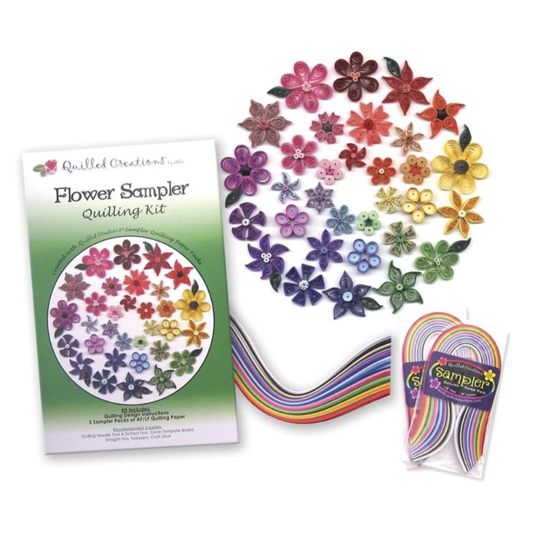 El kit Flower Sampler incluye; instrucciones básicas, patrones, ideas y juego de papeles para quilling.
 ¡Diseños simples y creativos para álbumes de recortes, tarjetas de regalo, adornos y marcos!.

 
