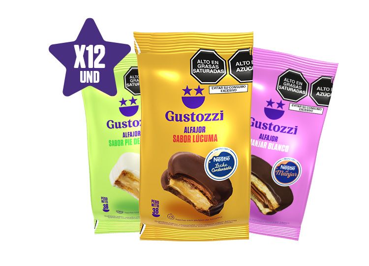 12 ALFAJORES NESTLE SURTIDO

PESO: 38 GR

4 alfajor manjar + 4 alfajor pie limón + 4 alfajor lúcuma
