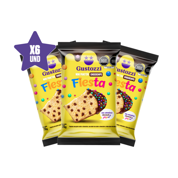 - 6 unidades de panetoncitos chips fiesta bañados en cobertura de chocolate. 
- Peso: 75gr 

