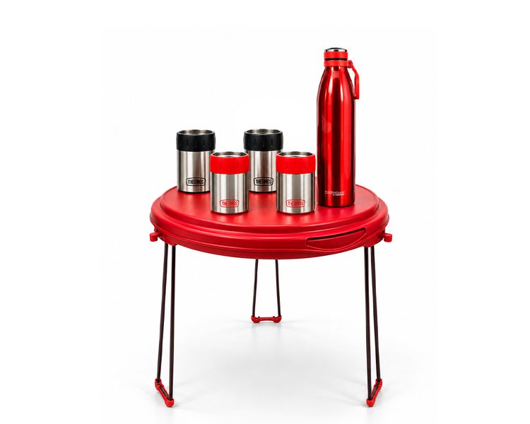 Incluye:


	THERMOS® 355ml Portalata Térmico Negro (2)
	THERMOS® 355ml Portalata Térmico Rojo (2)
	THERMOS® 1Lt Botella Moray Roja
	KONSTAR® Mesa Plegable Roja

