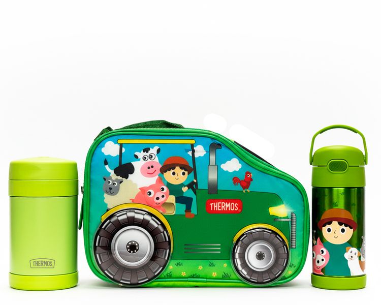 Incluye:


	THERMOS® Lonchera térmica Tractor.
	THERMOS® 470ml Food Verde Lima.
	THERMOS® 355ml Funtainer de acero para líquidos Tractor.

