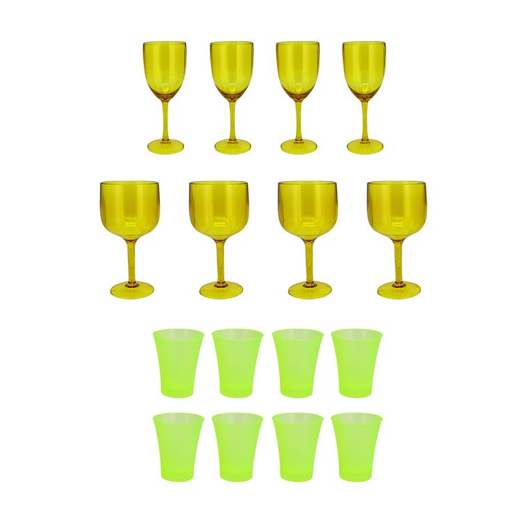 Contiene:

4 unidades de copa gin (22oz) color amarillo traslúcido.

4 unidades de copa vino (10oz) color amarillo traslúcido.

8 unidades de vaso kero corto (12oz) color amarillo traslúcido.

