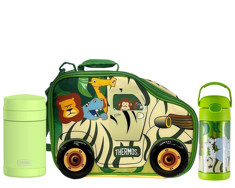 Incluye:


	THERMOS® Lonchera térmica SAFARI
	THERMOS® 355ml funtainer de acero para líquidos SAFARI
	THERMOS® 470ml para alimento FOOD Verde Neón

