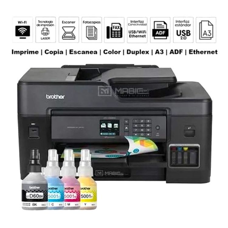 El multifuncional de inyección de tinta a color MFC-T4500DW de la serie InkBenefit Tank Business de Brother ofrece resultados de alta calidad a bajo precio y la ventaja adicional de poder imprimir en papel de hasta 27.9 x 43.2 cm (A3). Diseñado para pymes, este potente equipo viene con una pantalla a color LCD de 2,7" que permite navegar fácilmente por el menú e imprimir desde y escanear hacia varias aplicaciones populares en la nube ‡. Impresión y escaneado mediante dispositivos móviles para usuarios que se mantienen lejos del escritorio‡. La bandeja de hasta 250 hojas admite papel de hasta 27.9 x 43.2 cm y la bandeja multipropósito de 100 hojas es ideal para varios tamaños de papel. Las funciones N-en-1 y Copiado de documentos de identidad ayudan a ahorrar papel y a reducir gastos de impresión.
