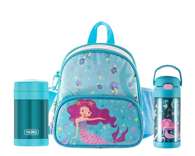 Incluye:


	THERMOS® Lonchera térmica SIRENA GLITTER
	THERMOS® 355ml funtainer de acero para líquidos SIRENA
	THERMOS® 470ml para alimento FOOD Turquesa

