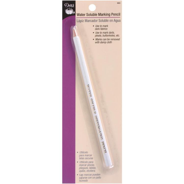 Lápiz marcador soluble en agua DRITZ. Úselo para transferir el marcado de patrones directamente a la tela. Úselo para marcar pinzas, pliegues, ojales y más. Las marcas se pueden eliminar con un paño húmedo. Este paquete contiene un marcador.
