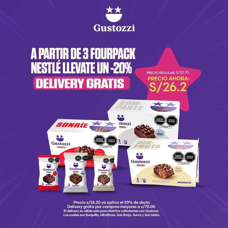 Contiene:

3 cajas four brownies nestlé (princesa + triángulo + sublime)
