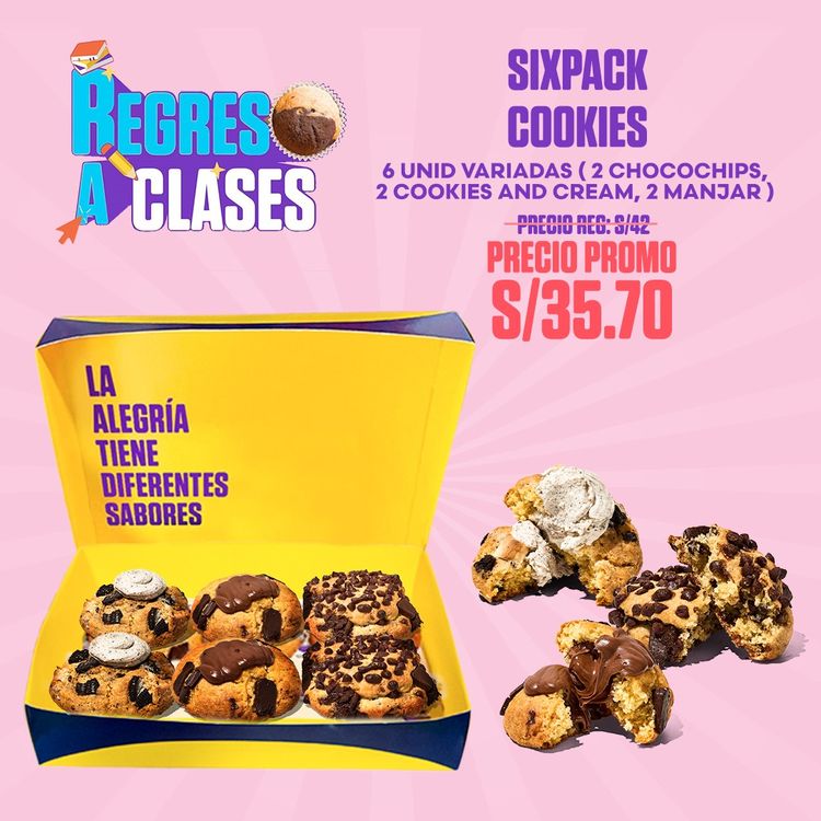 Contiene:
Cookies (2 chocochips + 2 cookie and cream + 2 manjar)
