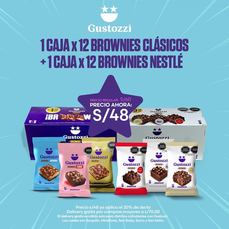 Contiene:
1 display x12 brownies clásicos (4 fudge + 4 marmol + 4 café)
1 display x12 brownies nestlé (4 sublime + 4 triángulo + 4 princesa)
