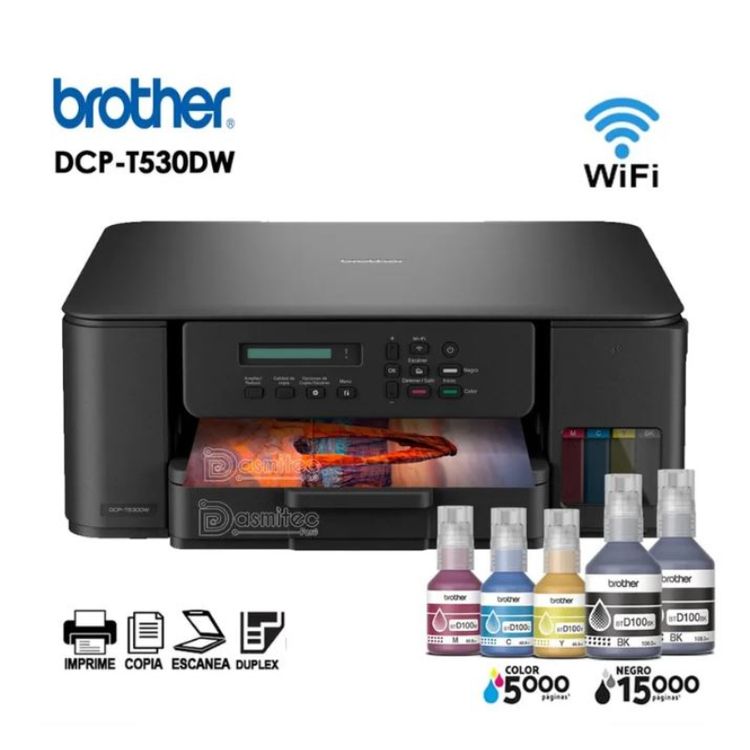 Impresora 3 en 1 de inyección de tinta continua a color DCP-T530DW de la serie InkBenefit Tank de Brother con conectividad inalámbrica e impresión dúplex


	Imprime rápidamente con velocidades de impresión rápidas de hasta 27 ppm en negro y 11 ppm en color
	Incluye 2 botellas de tinta negra para imprimir aproximadamente 15.000 páginas, y botellas cian, magenta y amarilla que rinden hasta 5.000 páginas en color
	Interfaces inalámbrica de dos bandas (2,4 GHz/5 GHz) y USB 2.0 de alta velocidad


Ahorra con la impresión dúplex automática Imprime por ambas caras del papel para utilizar menos hojas y economizar tiempo y dinero.

CONTENIDO DE LA CAJA:


	Impresora DCP-T530DW
	Dos botellas de tinta Negra BTD100BK Ultra rendimiento (108.8ml)
	Botella de tinta Cian BTD100C (48.8ml)
	Botella de tinta Magenta BTD100M
	Botella de tinta Yellow BTD100Y (48.8ml)
	Guía de configuración rápida / Guía de seguridad del producto
	Cable USB
	Garantia de 2 años

