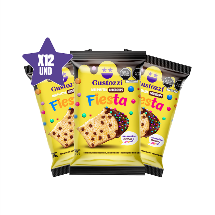 - 12 unidades de panetoncitos chips fiesta bañados en cobertura de chocolate. 
- Peso: 75gr 
