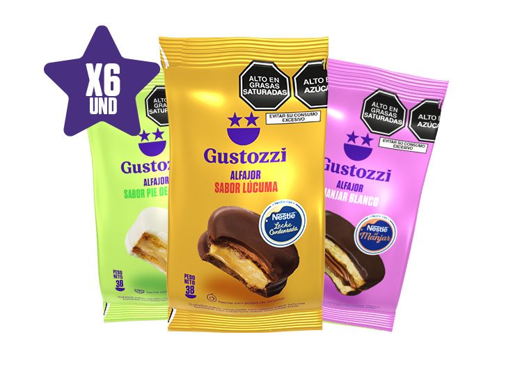 6 ALFAJORES NESTLE SURTIDO

PESO: 38 GR

2 alfajor manjar + 2 alfajor pie limón + 2 alfajor lúcuma
