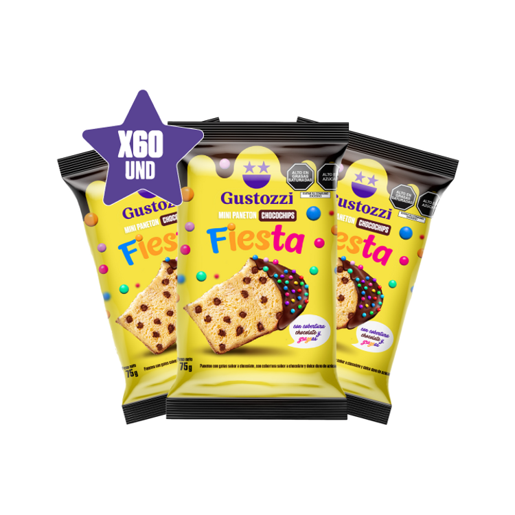 - 60 unidades de panetoncitos chips fiesta bañados en cobertura de chocolate. 
- Peso: 75gr 
