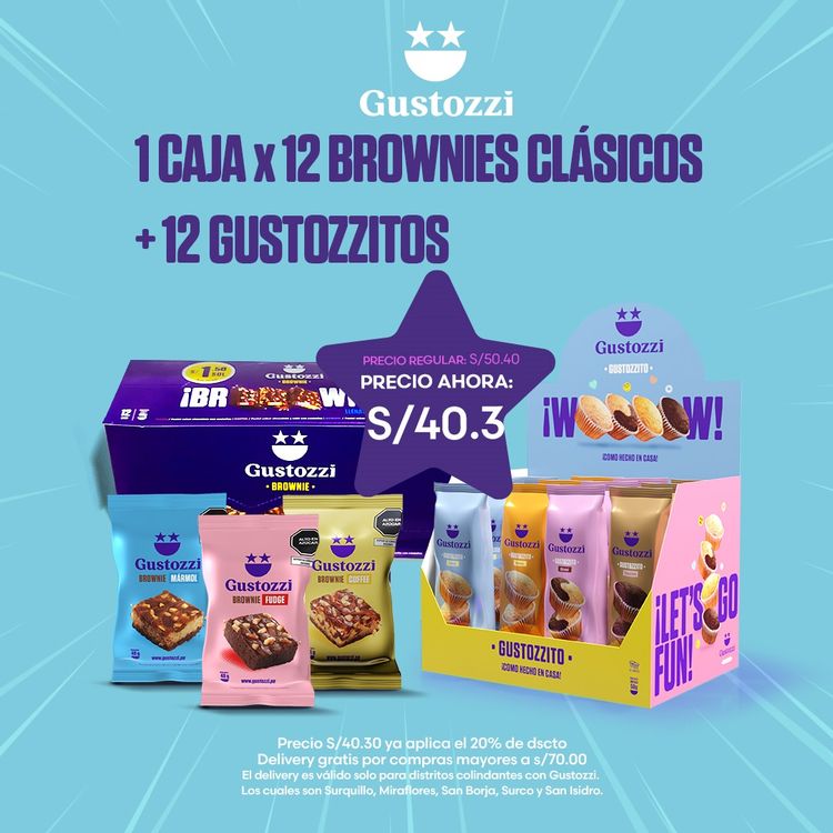 Contiene:
1 display x12 brownies clásicos (4 fudge + 4 marmol + 4 café?
12 gustozzitos (3 marmol + 3 chocolate + 3 naranja + 3 vainilla)
